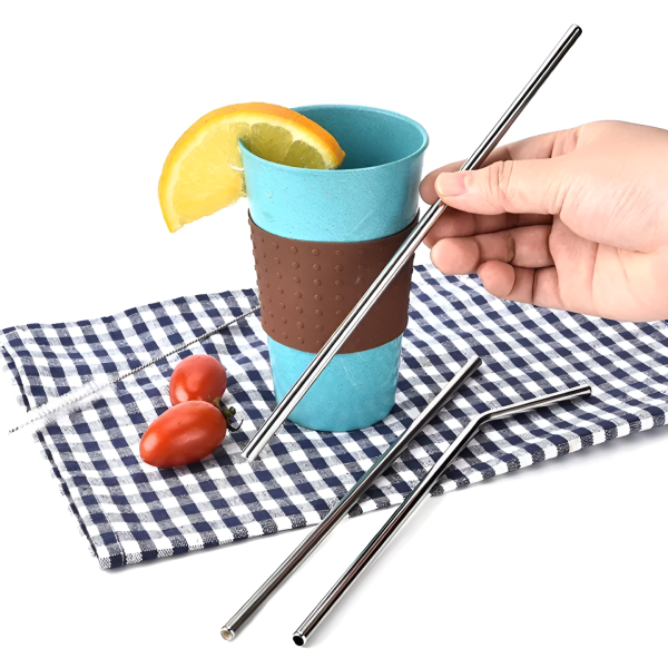 EcoSip Set: 4 Reusable Stainless Steel Straws with Brush