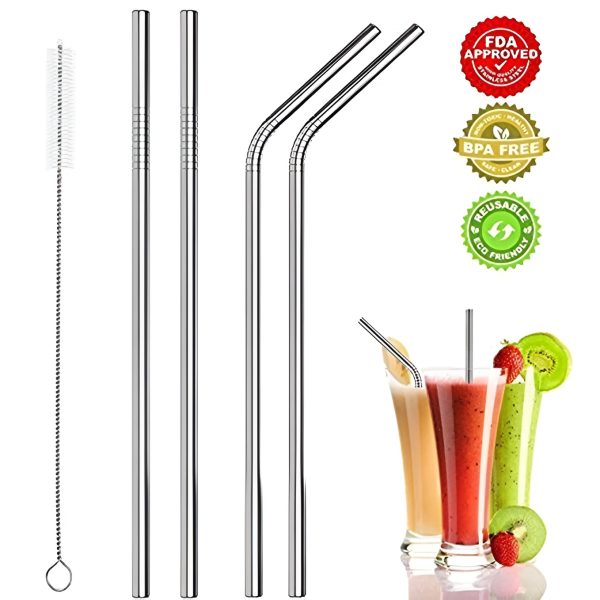 EcoSip Set: 4 Reusable Stainless Steel Straws with Brush