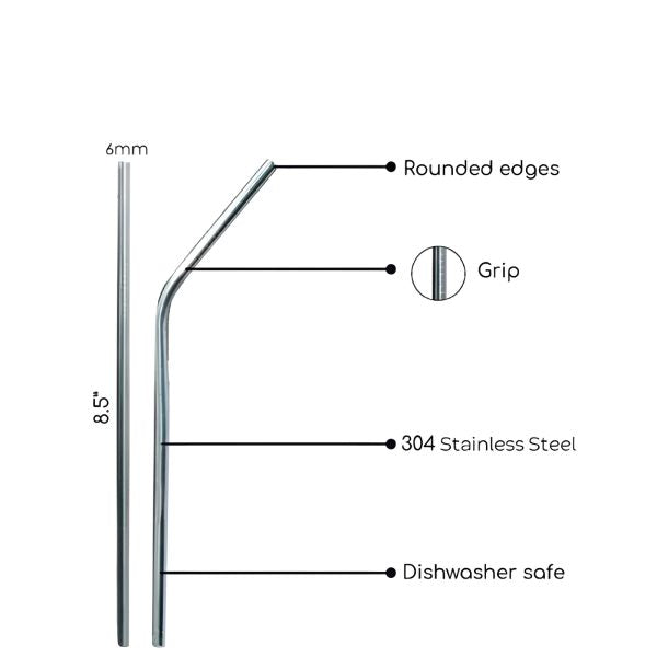 EcoSip Set: 4 Reusable Stainless Steel Straws with Brush